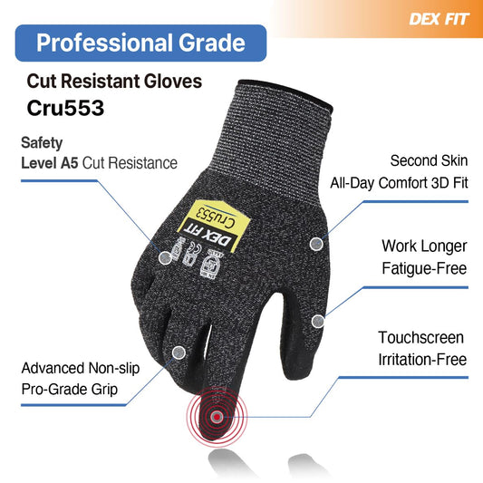 DEX FIT Level 5 Extreme Cut Resistant Gloves Cru553 Thin, Non-Slip Power Grip, Professional Grade 3D Comfort Fit, Thin & Lightweight, Breathable, Touchscreen Compatible, Itch-Free; Grey L (9)