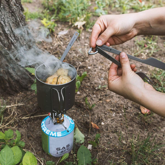 Navaris Titanium Camping Cutlery Set - Lightweight Camping Utensils for One - Knife, Fork and Spoon with Carabiner Clip and Case for Hiking and Travel