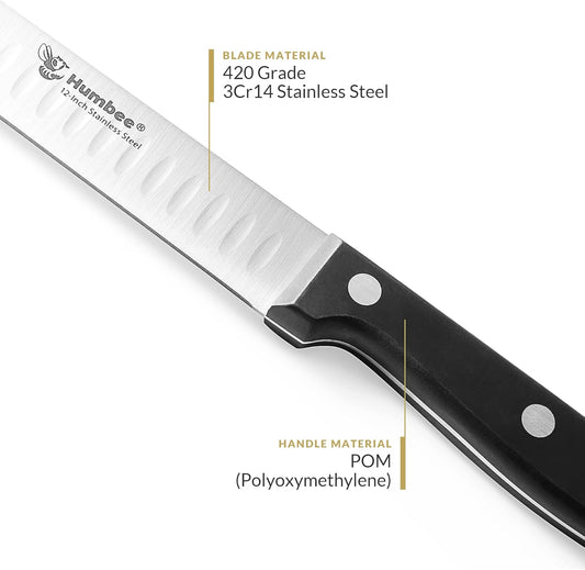 12 Inch Carving Knife with Razor Sharp Granton Edge for Brisket BBQ Meat and Turkey Cutting – Stainless Steel Blade with Ergonomic POM Handle – Long Slicing Knife for Kitchen and Grill