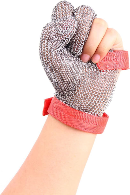 3-Finger Chainmail Glove, Stainless Steel Metal Cut Resistant Glove with Strap (3-Finger, Large (Pack of 1))