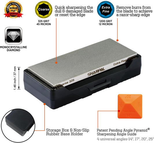 SHARPAL 162N Double-sided Diamond Sharpening Stone Whetstone Knife Sharpener |Coarse 325 / Extra Fine 1200 Grit | Storage Case with NonSlip Base & Angle Guide (8 in. x 3 in.) Fathers Day Gift