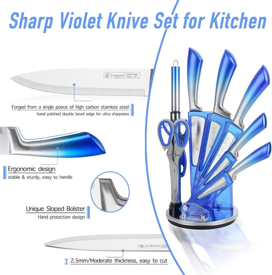 KOSHA Kitchen Knife Set, 9 Piece Knife Set with Block, with Sharpener, High Carbon Stainless Steel Accessories for Kitchen, Rust Proof, Non-Stick Coated, Ergonomic Hollow Horseshoe-shaped Handle