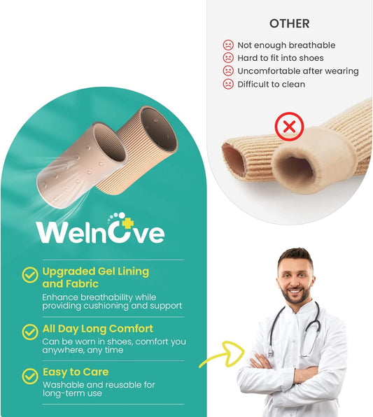 Welnove 10Pack Toe Caps Closed Toe Surface Fabric Sleeve Protectors with Gel Lining, Prevent Pain Relief for Corns, Blisters and Ingrown Toenails (Size Large + Size Medium)