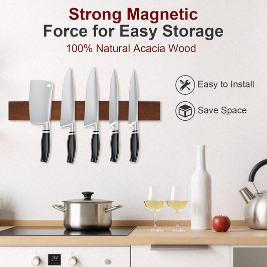 16 Inch Magnetic Knife Strip for Wall, Wooden Knife Holder With Strong Magnetism, Kitchen Utensil Organizer, 2 Installation Methods:Screw Installation & Glue-Free Installation