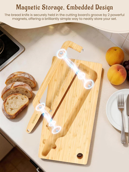 Sourdough Bread Bow Knife & Cutting Board Set with Thickness Guide, Adjustable & Magnetic Storage Ambidextrous Bread Slicer for Homemade Bread - Bamboo