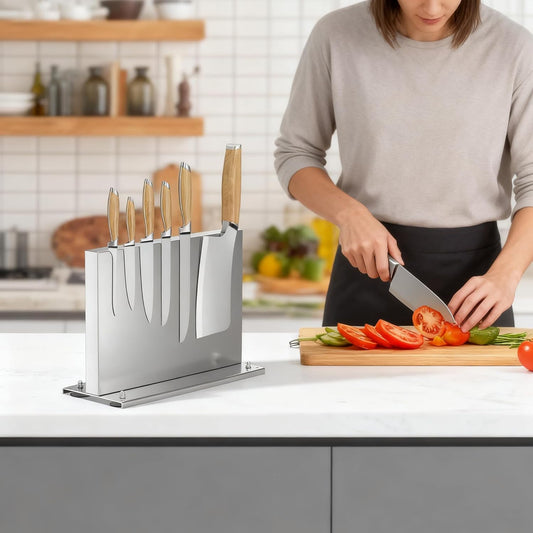 Magnetic Knife Block with Sharpener, Double-Sided Stainless Steel Magnetic Knife Holder with Suction Base, Kitchen Counter Knife Holder Stand, No-Drill Installation