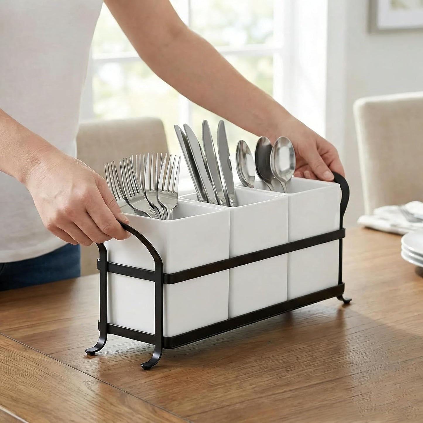 Silverware Caddy for Party, Metal Utensil Holder with Drain Holes, Spoons and Forks Cutlery Holder for Kitchen Countertop - White