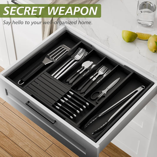 Bamboo Kitchen Silverware Drawer Organizer - Expandable Wood Utensil Holder with Dividers, Luxury Cutlery Storage Tray for Kitchen Utensil and Flatware (5-7 Slots with Removable Knife Block, (White)