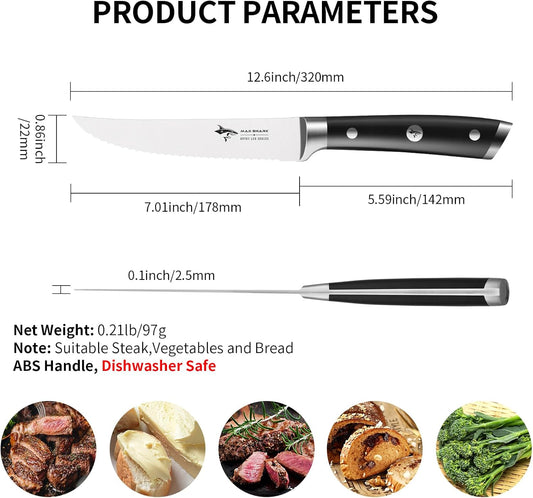 MAD SHARK Steak Knives Set of 6,Premium 12.6-inch Serrated Steak Knife Set,Ultra Sharp German High Carbon Stainless Steel Triple Rivet Collection 6-Piece Kitchen Steak Knife Set (STEAK KNIFE SET OF 6)