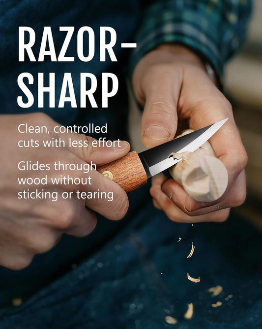 ravs Whittling Knife with High Carbon Steel Blade and Leather Sheath, Wood Carving Sloyd Knife with Titanium Coating Wide Bevel, Wood Carving Tools with Ergonomic Handle for Beginners & Professionals