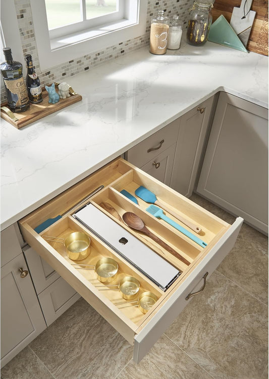 Rev-A-Shelf Custom Trim-to-Fit Silverware Drawer Organizer For Kitchen Utensils, Cutlery Cabinet Storage Divider Insert, 18.5" x 22", Maple Wood, 4WUT-1