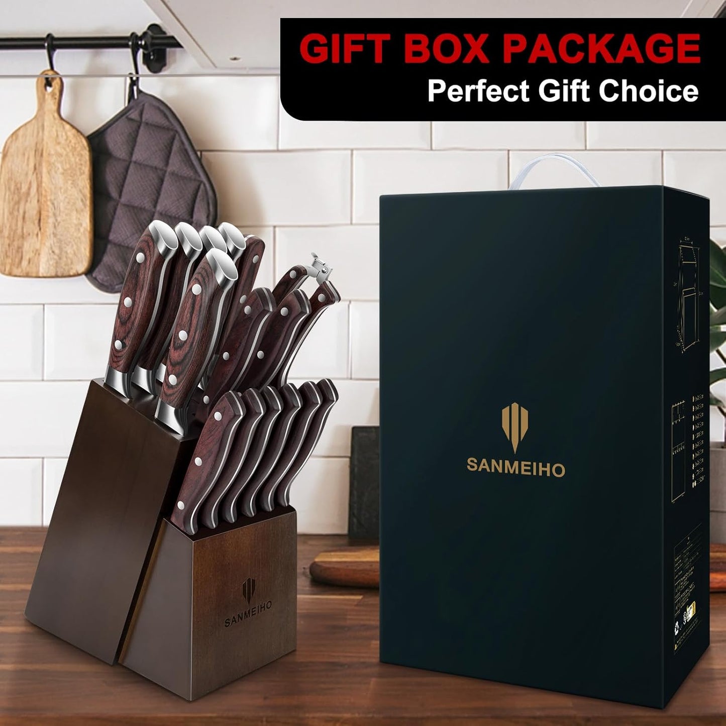 Knife Set 16 pcs, Japanese Kitchen Knife with Block High Carbon Stainless Steel Ultra Sharp Knife for Kitchen, Professional Chef Knife Set with Sharpener