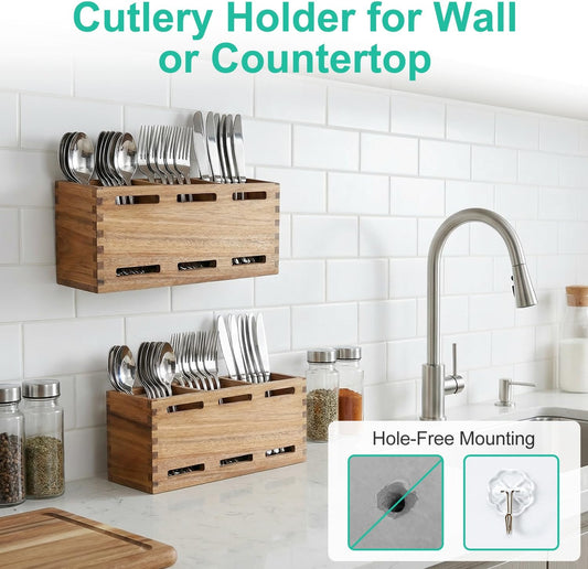 Farmhouse Wooden Silverware Utensil Caddy Cutlery Holder Small Acacia Wood Utensil Holders Organizer for Kitchen Count Party Fork Spoon Storage Organizer Table Silverware Holder Flatware Caddy Basket