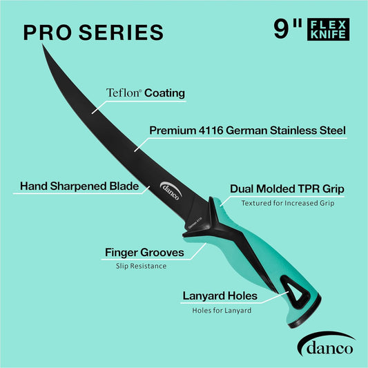danco Pro Series 9" Fillet Knife | Full Tang German G4116 Stainless-Steel Blades with Teflon Coating, Molded Nylon Sheath, Perfect for Saltwater Fishing & Hunting