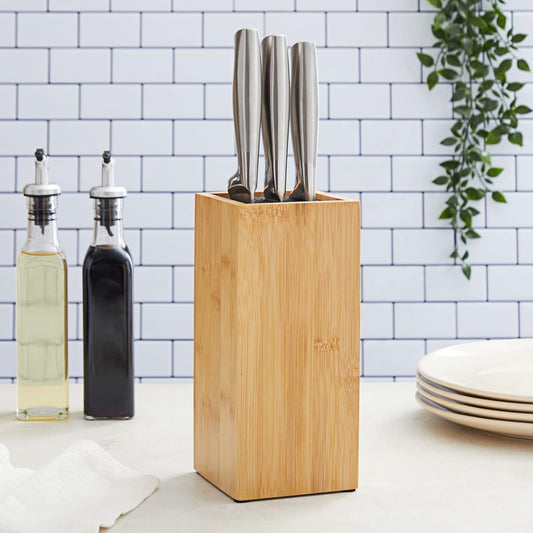 Juvale Bamboo Universal Knife Block - Adjustable Bristle Knife Holder & Stand - Cutlery Holder for Kitchen Counter - Plate Organizer for Cabinet - 4.13 x 9.25 in, Brown, Contemporary