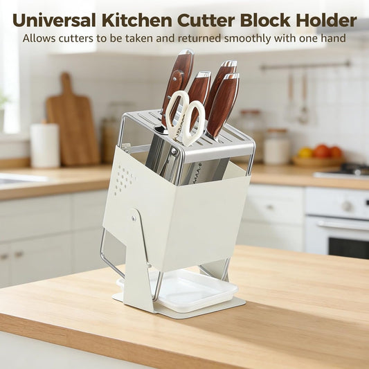 Universal Kitchen Cutter Block Holder, Rotating Stainless Steel Cutting Tool Organizer for Countertop, 9 Slots for Scissors and Sharpening Rod, Minimalist Kitchen Storage Rack for Cutters