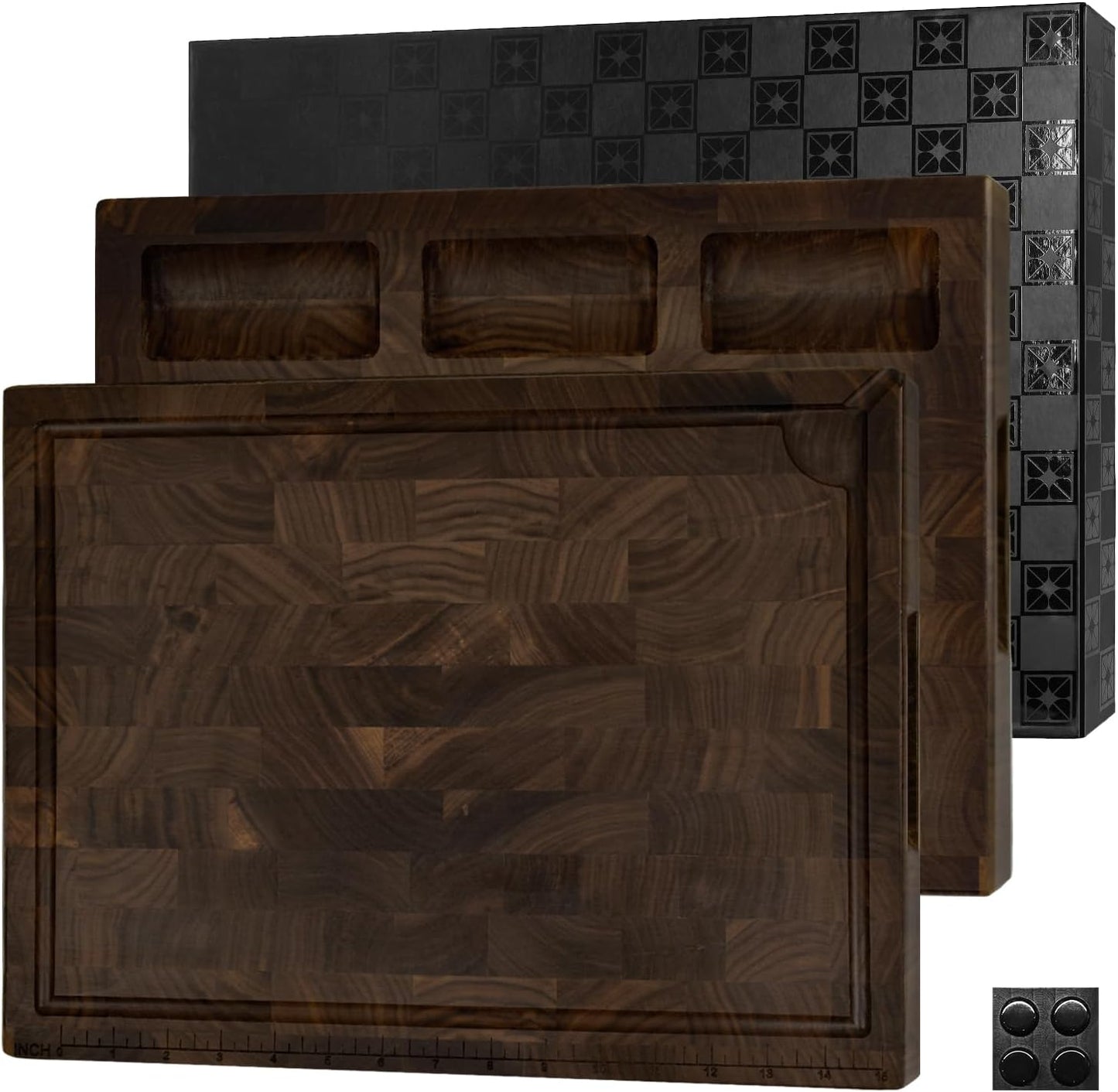 Mitsuharu End Grain Cutting Board, Reversible Large Thick Black Walnut Wood Charcuterie Board Butcher Block 17"x13"x1.5" for Kitchen Use, with Measurements, Juice Groove, Handles, Sorting Compartments