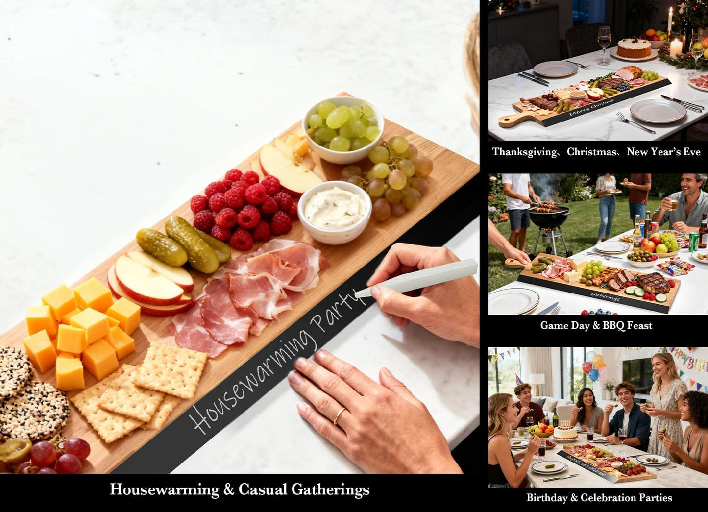Acacia Wood Cutting Board with Handle, 2-in-1 Reversible Charcuterie Board & Chopping Board, Large 17"x13" Chalkboard Edge Serving Board for Meat & Cheese, Fruit and Nuts, Christmas Gift