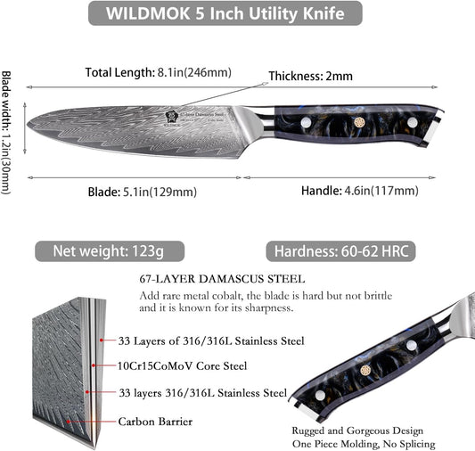 WILDMOK Japanese Damascus Steel Utility Knife, Multipurpose Super Sharp, Slicing, Mincing, Chopping, Peeling, Dicing