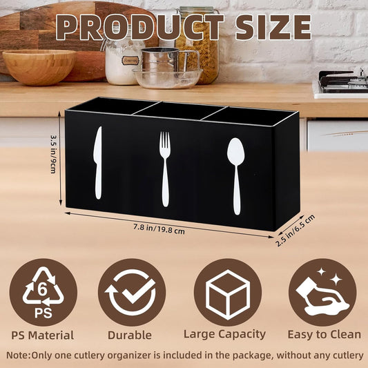 JEPELUS Black Utensil Holder for Kitchen Counter Cabinet, 3 Compartments Flatware Caddy for Knife Spoon Fork, Plastic Silverware Organizer Pen Holder for Desk