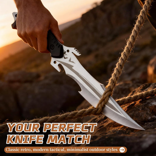 Purple Dragon Camping Fixed Blade Knife with Sheath,6 Inch Outdoor Knife Full Tang 440C Steel Bushcraft Knives with Redwood Handle-Outdoor Gear Christmas Gift for Men and Women Black