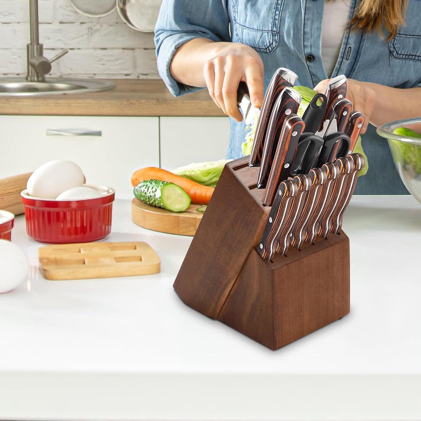 14 Slots Knife Block, Wooden Knife Holder without Knives Universal Knife Block for Kitchen Acacia Wood Knife Holder Butcher Block Knife Stand for Countertop Kitchen Storage