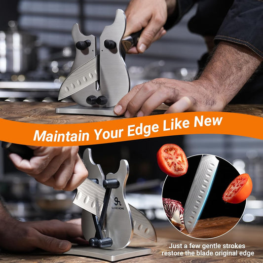 Professional Knife Sharpener for Kitchen, 3-Action Blade Sharpener with Tungsten Carbide, Auto Adjustable Brushed Stainless Steel Manual Sharpener for Serrated, Beveled, Standard Blades