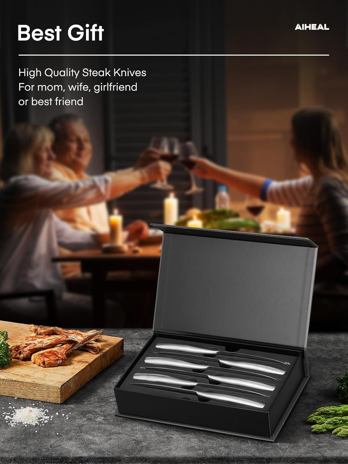 Aiheal Steak Knives, Stainless Steel Steak Knives Set of 8, Never Needs Sharpening Dinner Steak Knife Set, Sharp Micro Serrated Knives