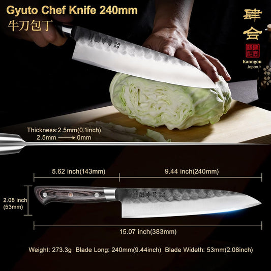 kanngou 240mm Gyuto Knife, 9.5 Inch Japanese Chef Knife with AUS-8 Alloy Steel, Black Forged Japanese Carving Knives for Meat with Full-Tang Pakkawood Hanle, Premium Box for Husband, Dad