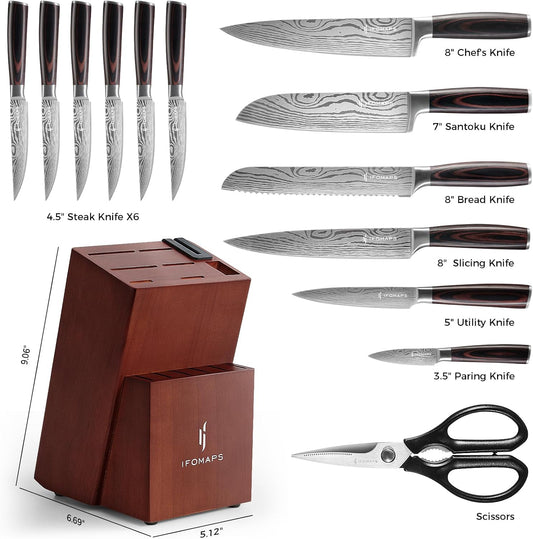 15-Piece Knife Set with Block for Kitchen, with Built-In Sharpener, Stainless Steel Ultra Sharp Blades, Ergonomic Pakkawood Handle, Essentials Chef Knives Set