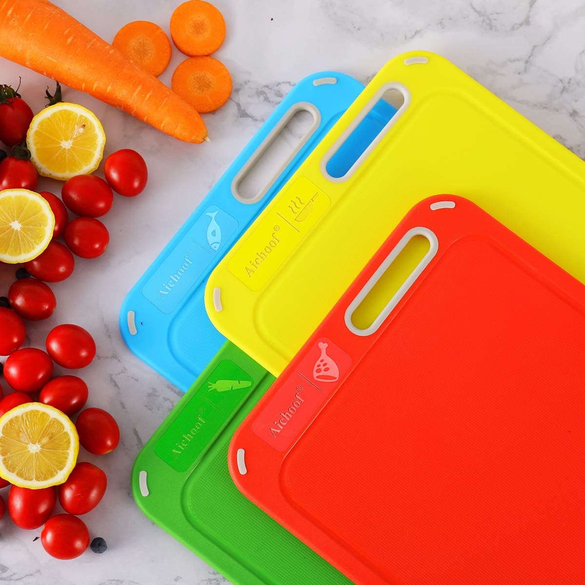 Plastic Cutting Boards Set of 4 with Holder, Color-Coded Chopping Boards for Meat Fish Vegetables & Bread, BPA-Free, Dishwasher Safe, Non-Slip Kitchen Cutting Board Set