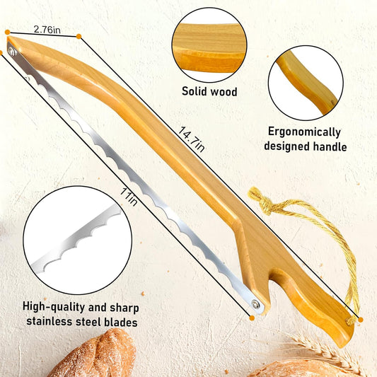 Bread Knife for Homemade Bread, 14.5" Wooden Sourdough Bread Slicer with Bow Design, Premium Stainless Steel Serrated Saw Bread Cutter for Bagels, Baguettes (stainless steels)