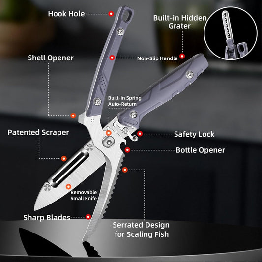 Heavy Duty Poultry Shears - Professional Kitchen Scissors Multi-Function Stainless Steel Kitchen Shears with Spring Load, Safety Lock, Non-Slip Handle & Magnetic Stand (1-Pack, Gray)