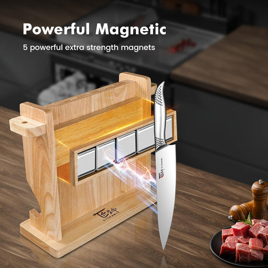 SYOKAMI Japanese Knives Set for Kitchen, Magnetic Knife Set with Block and Sharpener, Stainless Steel Knife Set as Gift for Couple, Wedding, Women or Mom with Gift Box, 14 PCS Black Dot