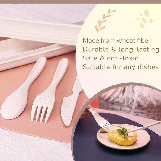 Wheat Straw Travel Utensils Set with Case - Kids Cutlery Set - BPA Free Portable Silverware for Lunch Box - Fork Spoon Knife Set with Case - Eco Friendly - Reusable Utensils