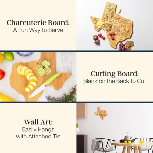 Totally Bamboo Texas State Shaped Bamboo Cutting Board, Charcuterie and Serving Board for Kitchen with Hang Tie for Wall Display
