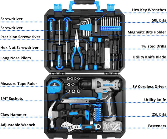 Tool Kit: 8V Cordless Drill, Home Toolbox with storage case, Hand Tool set for Home Repairs 126 Piece, Green