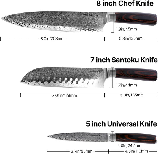 Damascus Knife Set, 3PCS Ultra Sharp Professional Japanese Kitchen Knives with Pakkawood Handles,VG10 Steel Core Chef Knife Set for Gift for Mom Dad-Gift Box