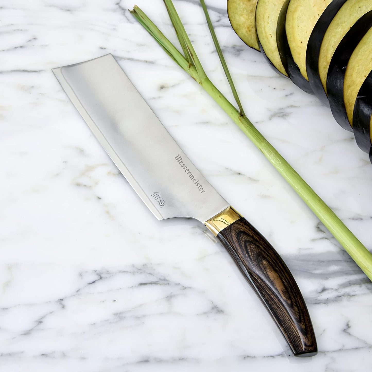 Messermeister Kawashima 6.5” Nakiri Knife - SG2 Powdered Steel, Eco-Brass Bolster & Walnut Pakkawood Handle - Made in Seki, Japan