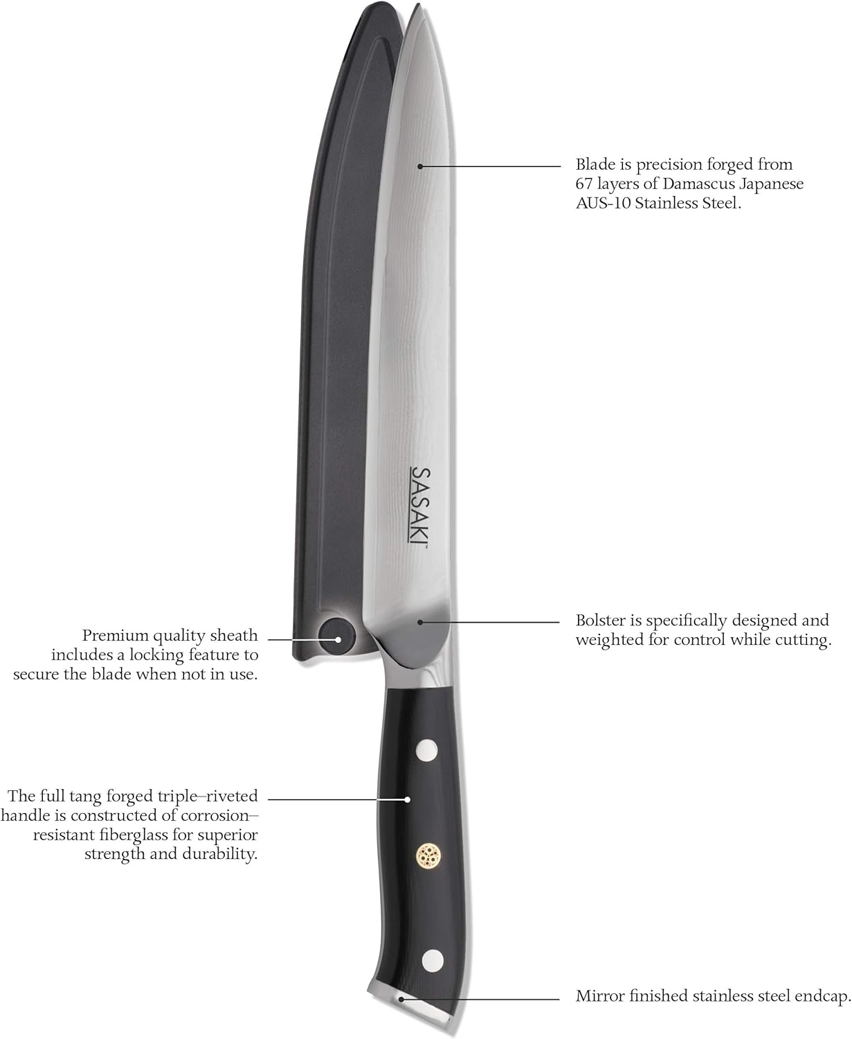 Sasaki 5228194 Masuta Japanese AUS-10 Stainless Steel Santoku Knife with Locking Sheath, 7-Inch