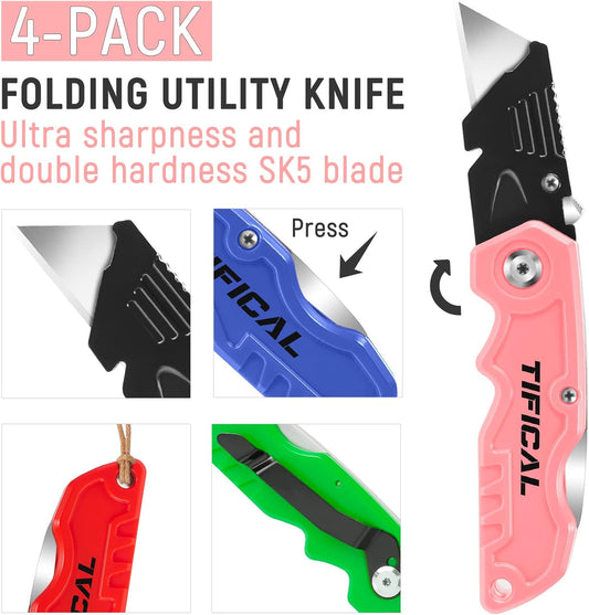 4 Pack Box Cutter Folding Utility Knife, Extra 10 Blades Included, Quick Change Blades, Lock-Back Design, Box Cutters for Carton, Cardboard, Boxes, Razor Knife Box Opener