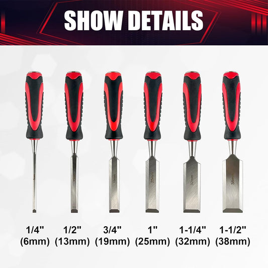 10-Piece Wood Chisel Set, Wood Carving Chisels with Honing Guide, Carpenter Pencils and Sharpening Stone, CR-V Steel (1/4", 1/2", 3/4", 1", 1-1/4", 1-1/2")