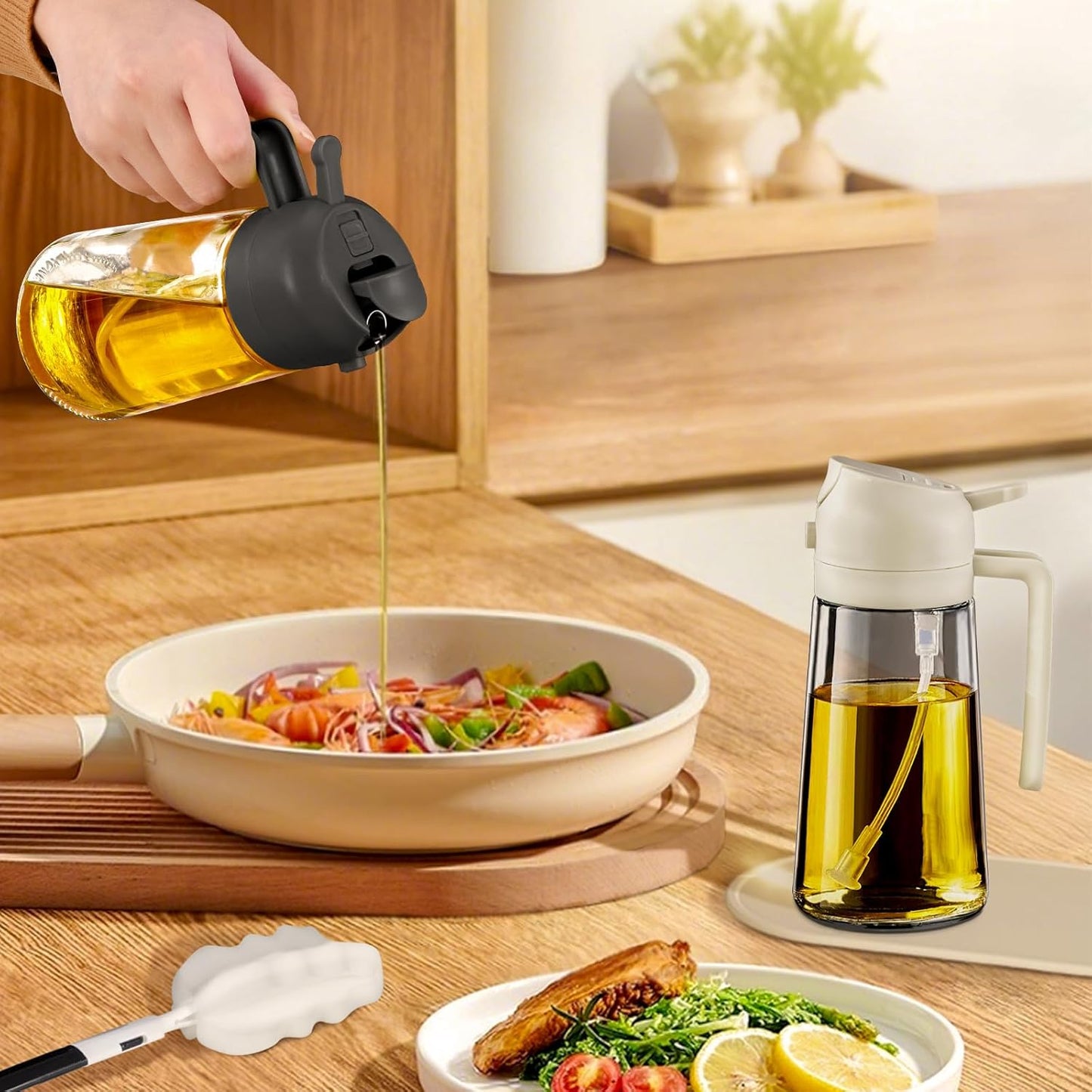 YARRAMATE 16oz/470ml Glass Olive Oil Sprayer for Cooking with Stickers, 2 in 1 Oil Dispenser for Kitchen Gadgets, Food Grade Premium Spray Bottle for Salad, Frying, BBQ (Creamy White)