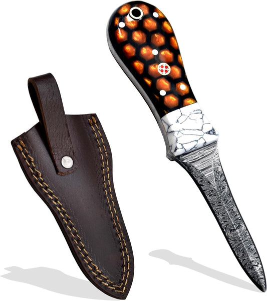 Premium Oyster Shucker Knife, Oyster Knife, Damascus Steel Clam, Camel Bone & Walnut Handle Leather Sheath Seafood Opener Kit Tool Non Slip Handle (Walnut Handle)