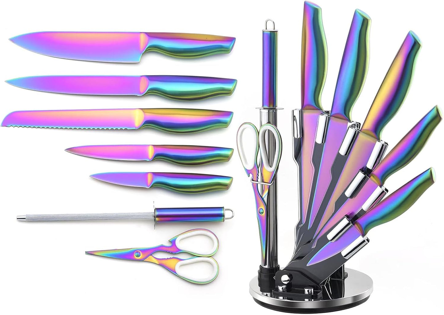 Luxury Gold Knife Set With Rotation Block, 8 Pieces Titanium-Coated Dishwasher Safe Stainless Steel Gold Chef Knife Set,with Sharpener&Scissors,Gift for Home Housewarming