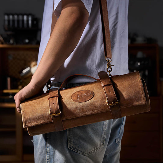SENKEN Leather Waxed Chef Knife Roll Bag - Heavy Duty Kitchen Knife Carrying Case with Shoulder Strap - 12 Knife Slots + 2 Zipper Pockets for 14 Total Slots