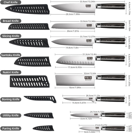 MDHAND Chef Knife Set with Roll Bag, 10PCS Professional Knife Set with Sharpener, High Carbon Stainless Steel Japanese Kitchen Knives - Black Pakkawood Handle, Dishwasher Safe, For Cooking, Chef Gifts