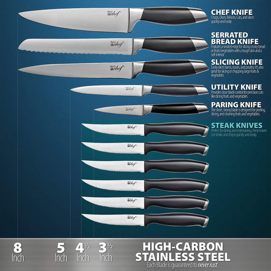 Deco Chef 16 Piece Kitchen Knife Set Stainless Steel with Wood Handles, 8" Chef, 6.5" Cleaver, 8" Bread, 8" Slicing, 4.5" Paring, 6pcs Steak Knives, Kitchen Shears, and more