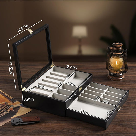 Emfogo Pocket Knife Display Case for Collection of 18-24 Folding Knives, Pocket Case with Real Glass Window Top, Two-Tier Knife Organizer Storage Box, Men's Gift (Walnut)