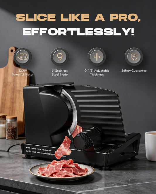 CGOLDENWALL 220W Meat Slicer, 9" Electric Deil Food Slicer with 2 Stainless Steel Blades, 4/5" Adjustable Thickness, Food Slicer Machine for Home Cutting Meat Cheese Bread Vegetables, 110V CE